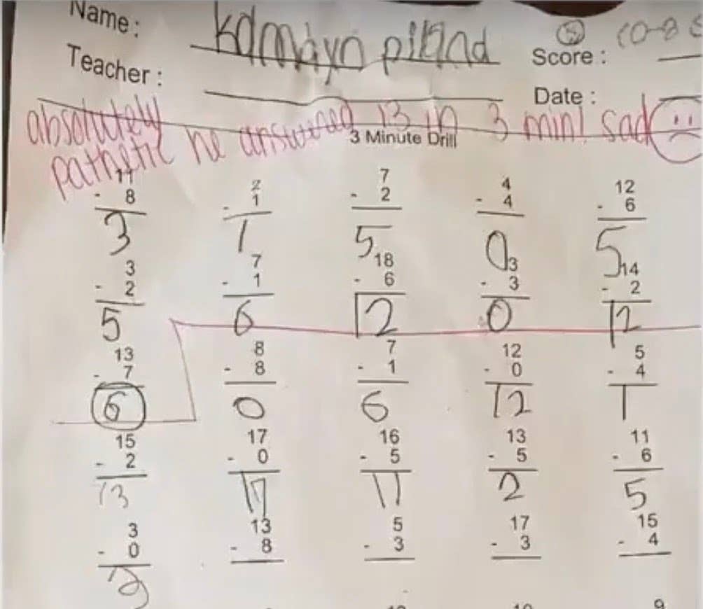 Math worksheet bearing a teacher comment that prompted a parent complaint